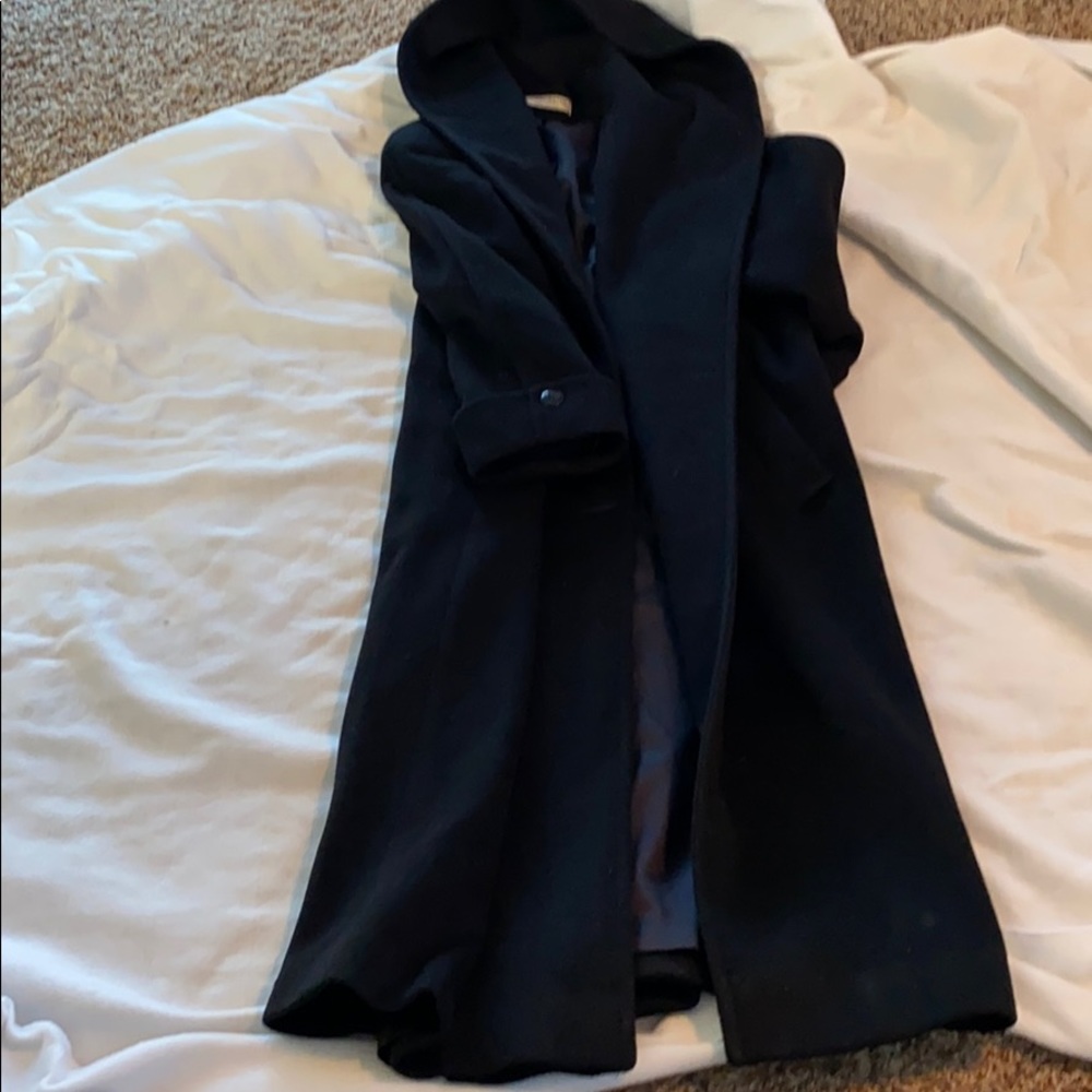 100% wool women’s calf length dress coat with hood